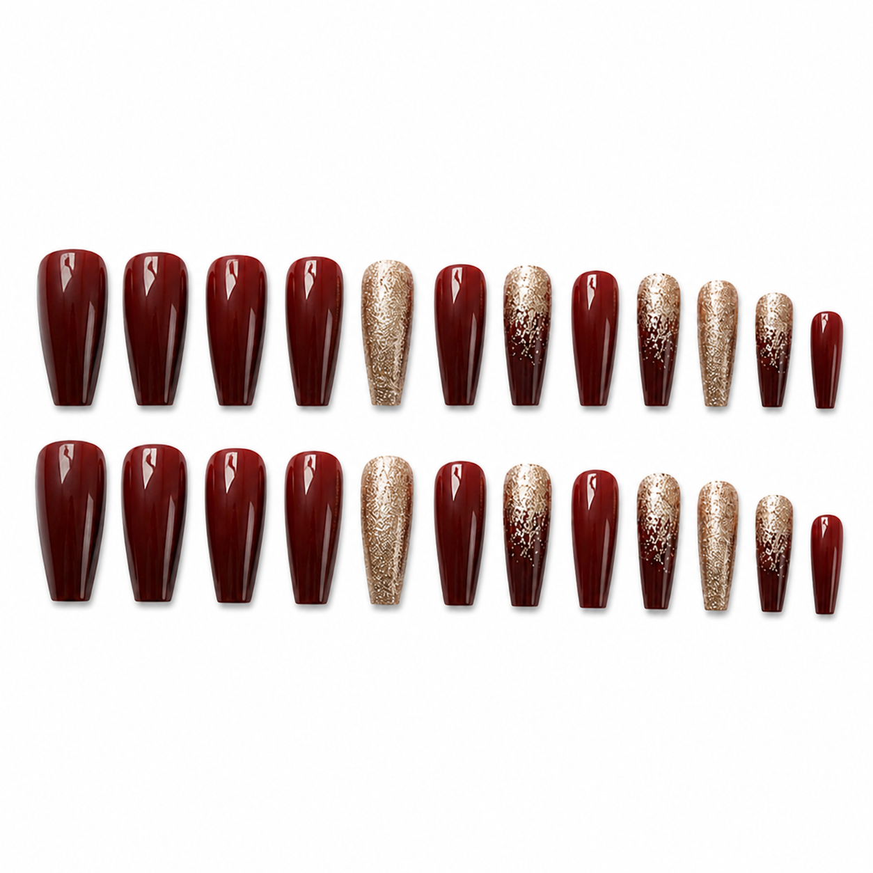 24pcs Burgundy Gold Glitter Coffin Press-On Nails