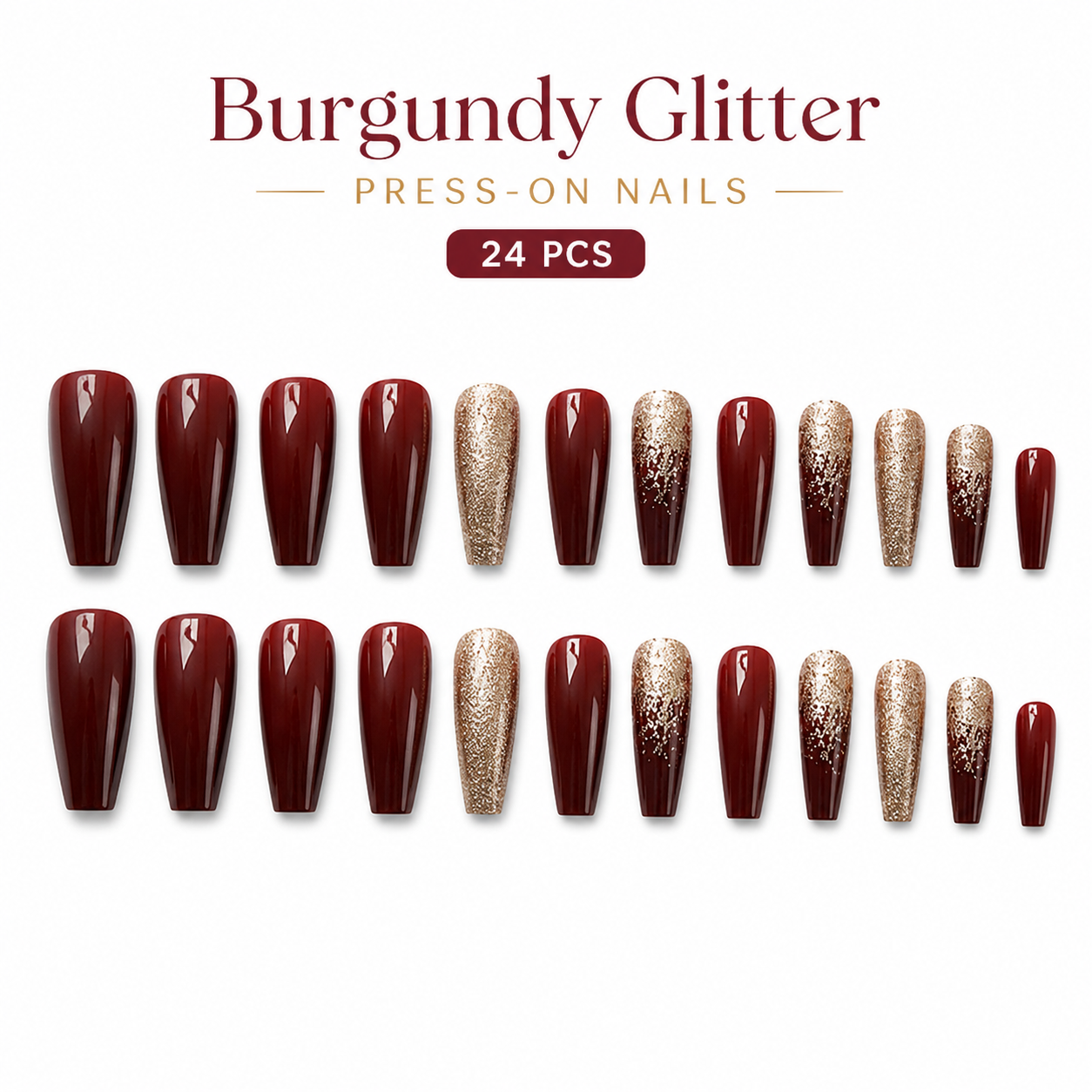 24pcs Burgundy Gold Glitter Coffin Press-On Nails