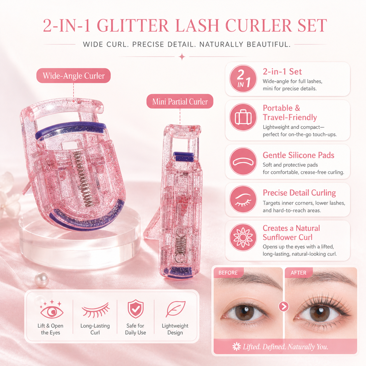 2-in-1 Glitter Pink Eyelash Curler Set