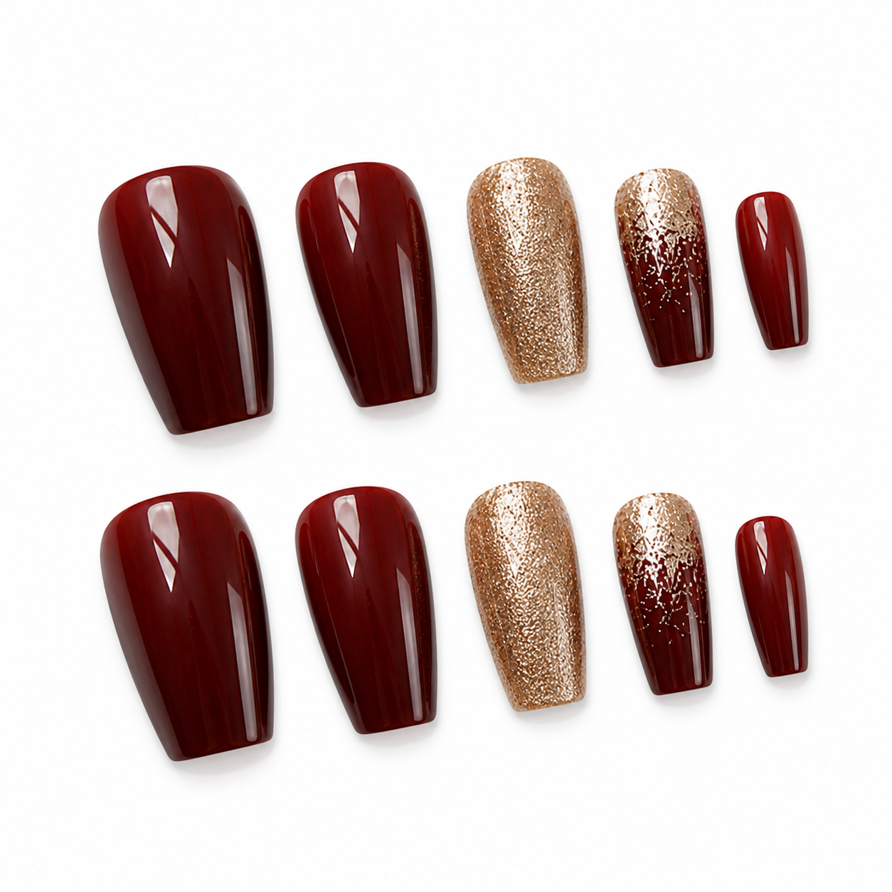 24pcs Burgundy Gold Glitter Coffin Press-On Nails