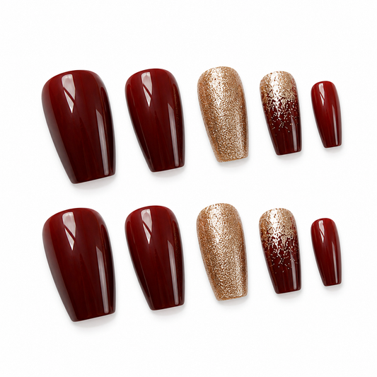 24pcs Burgundy Gold Glitter Coffin Press-On Nails
