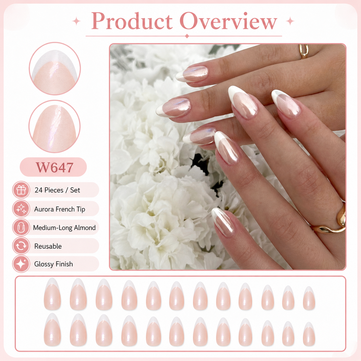 24pcs Soft Aurora French Almond Press-On Nails