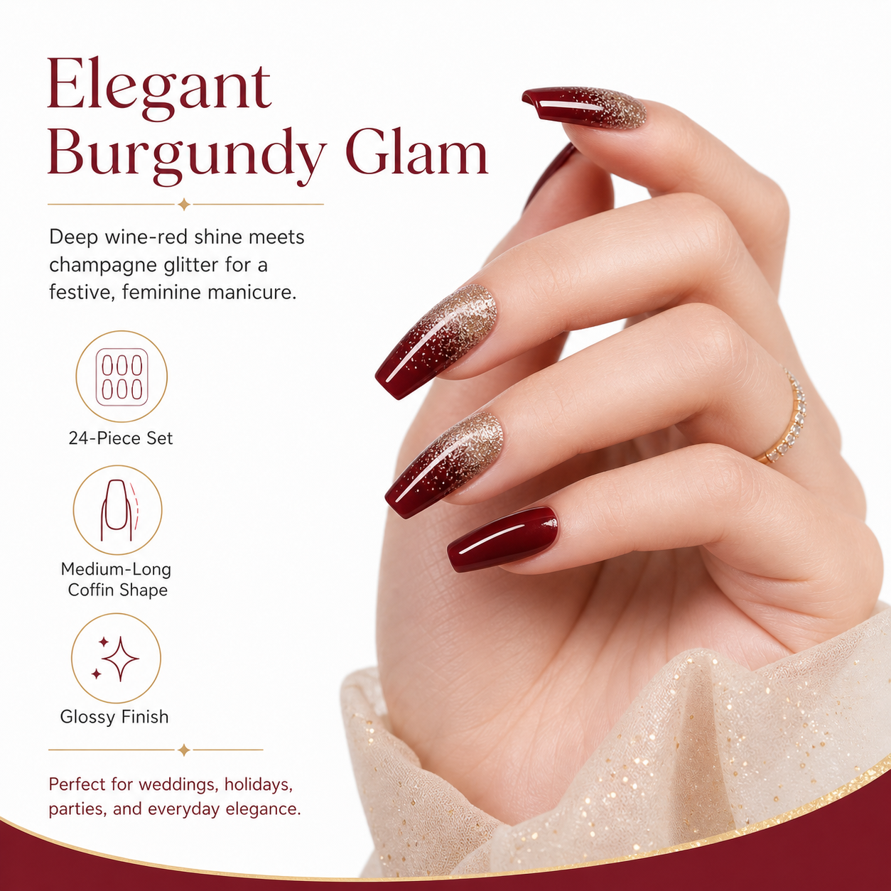 24pcs Burgundy Gold Glitter Coffin Press-On Nails