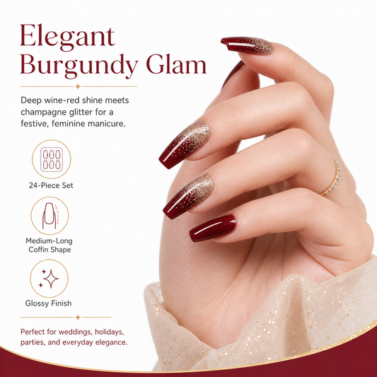 24pcs Burgundy Gold Glitter Coffin Press-On Nails