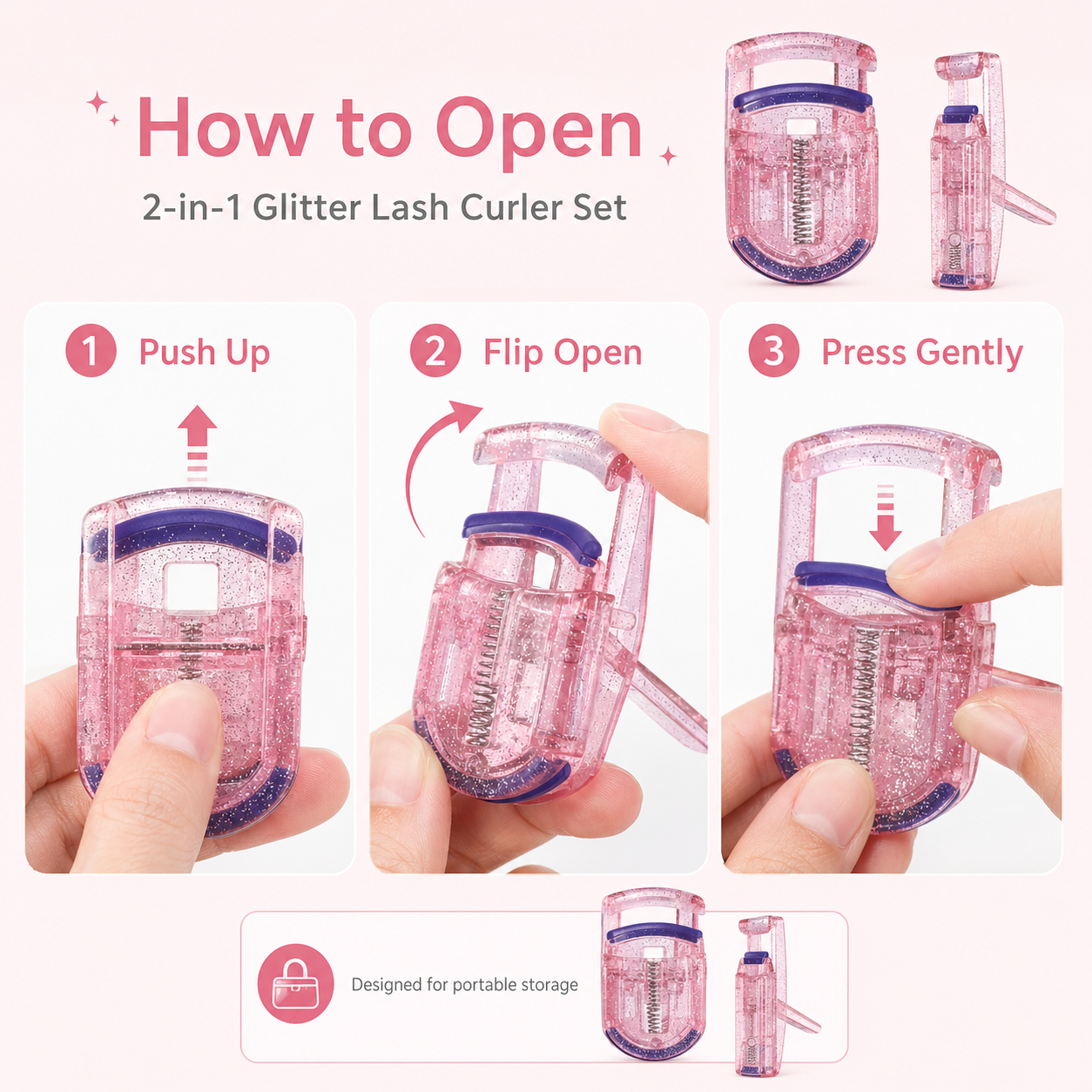 2-in-1 Glitter Pink Eyelash Curler Set