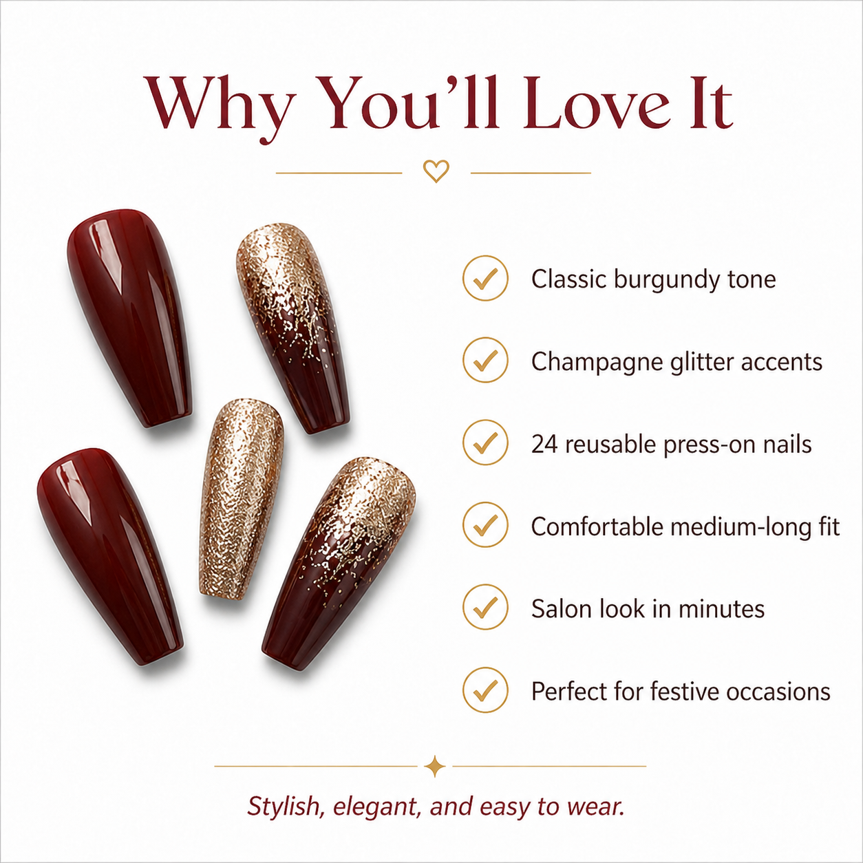 24pcs Burgundy Gold Glitter Coffin Press-On Nails