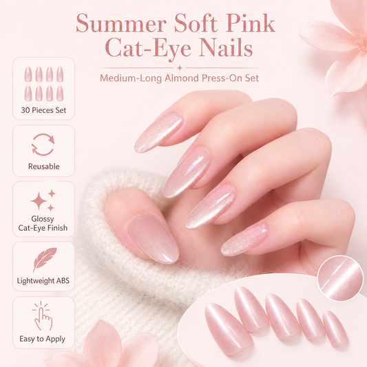 30pcs Blush Pink Cat-Eye Almond Press-On Nails