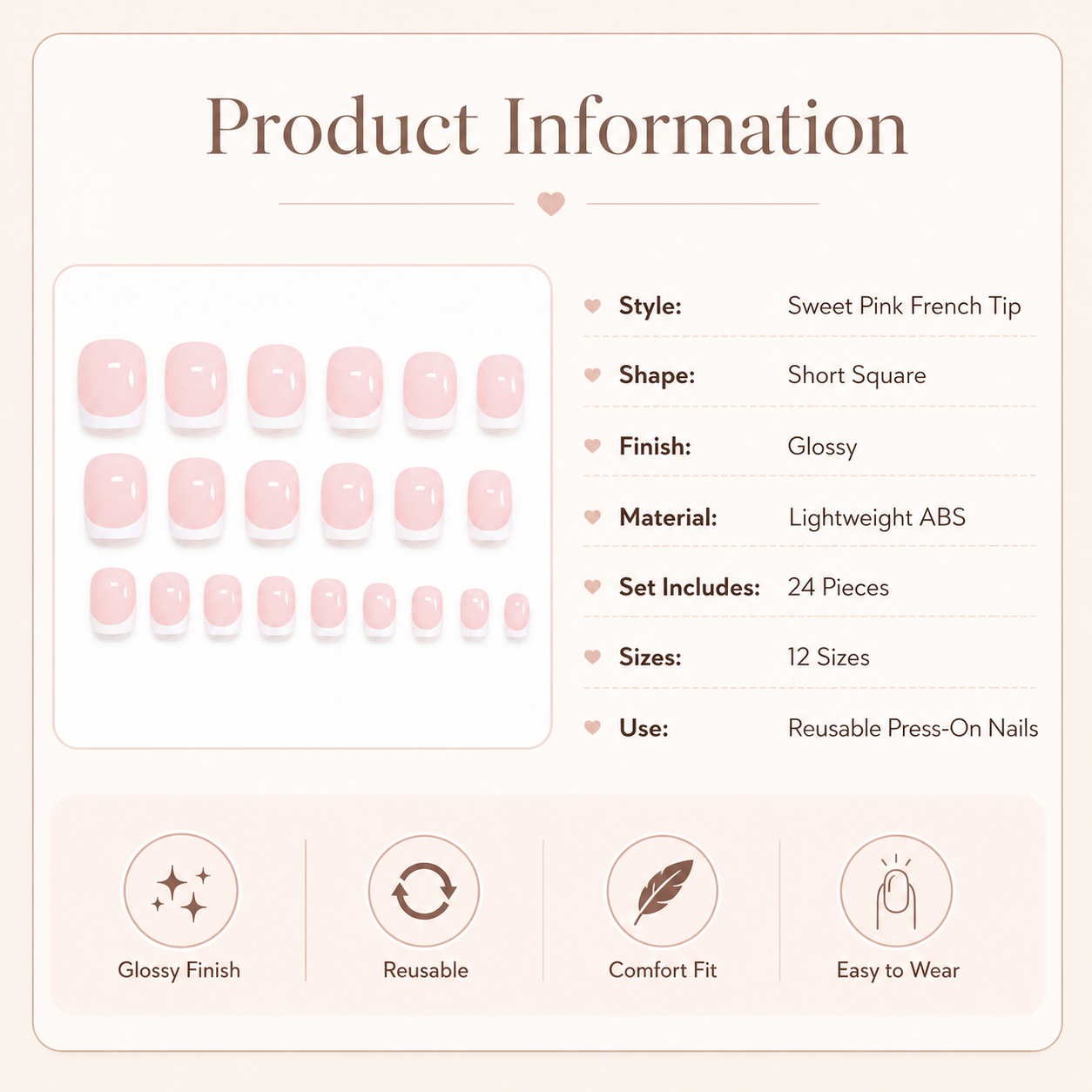 24pcs Sweet Blush Pink Short French Press-On Nails