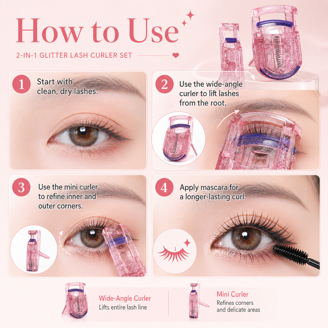 2-in-1 Glitter Pink Eyelash Curler Set
