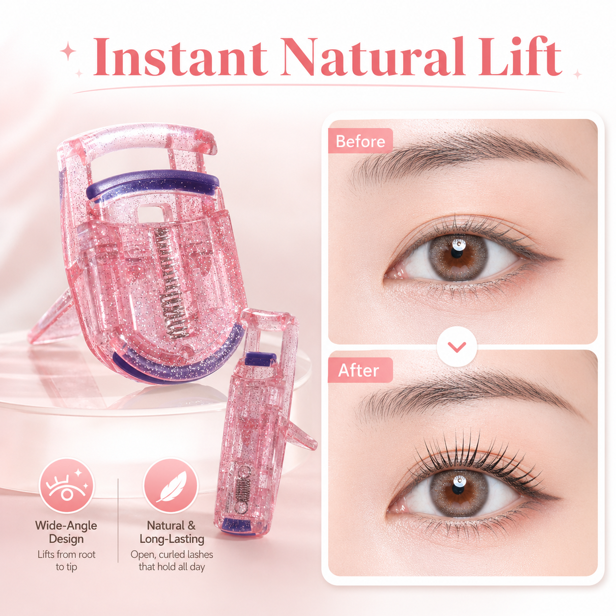 2-in-1 Glitter Pink Eyelash Curler Set