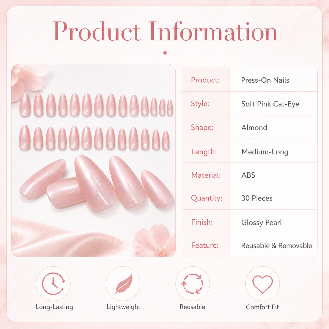 30pcs Blush Pink Cat-Eye Almond Press-On Nails