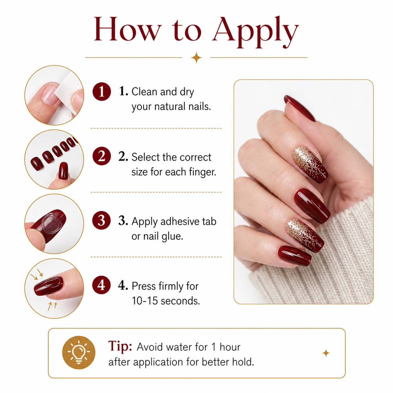 24pcs Burgundy Gold Glitter Coffin Press-On Nails