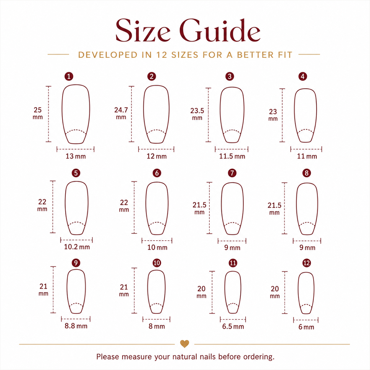 24pcs Burgundy Gold Glitter Coffin Press-On Nails
