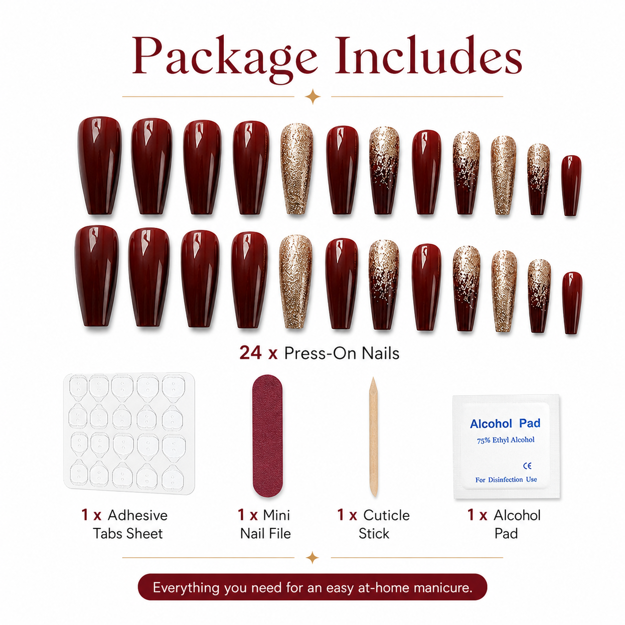 24pcs Burgundy Gold Glitter Coffin Press-On Nails