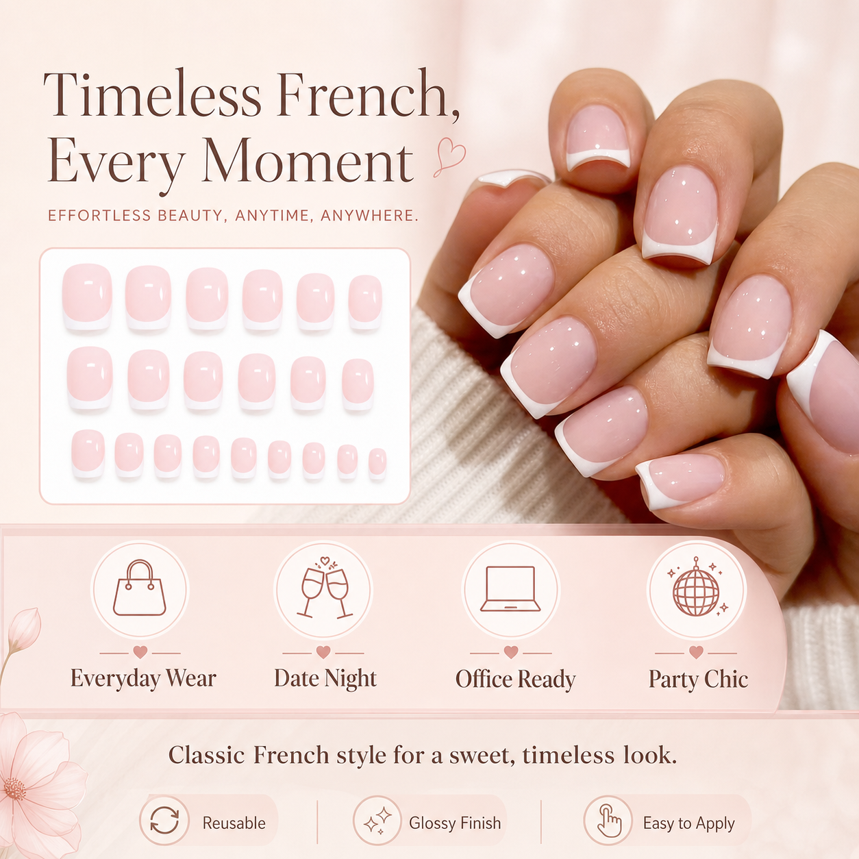24pcs Sweet Blush Pink Short French Press-On Nails