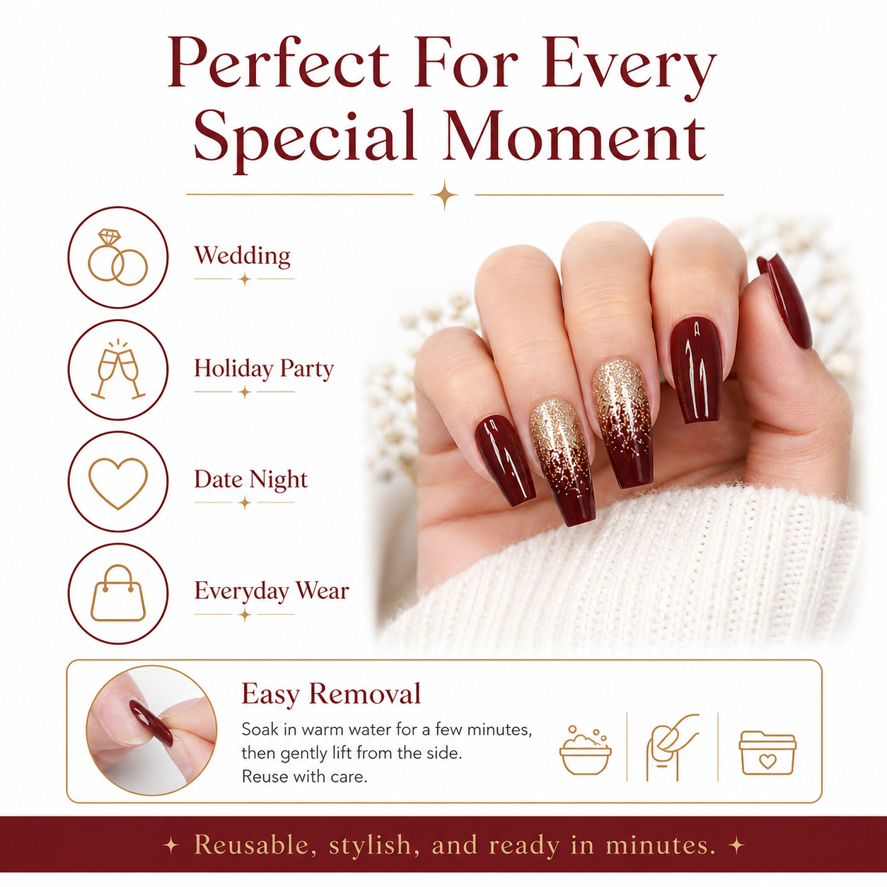 24pcs Burgundy Gold Glitter Coffin Press-On Nails