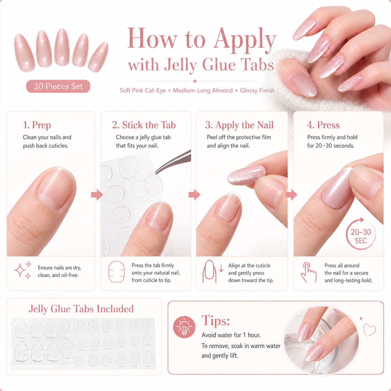 30pcs Blush Pink Cat-Eye Almond Press-On Nails